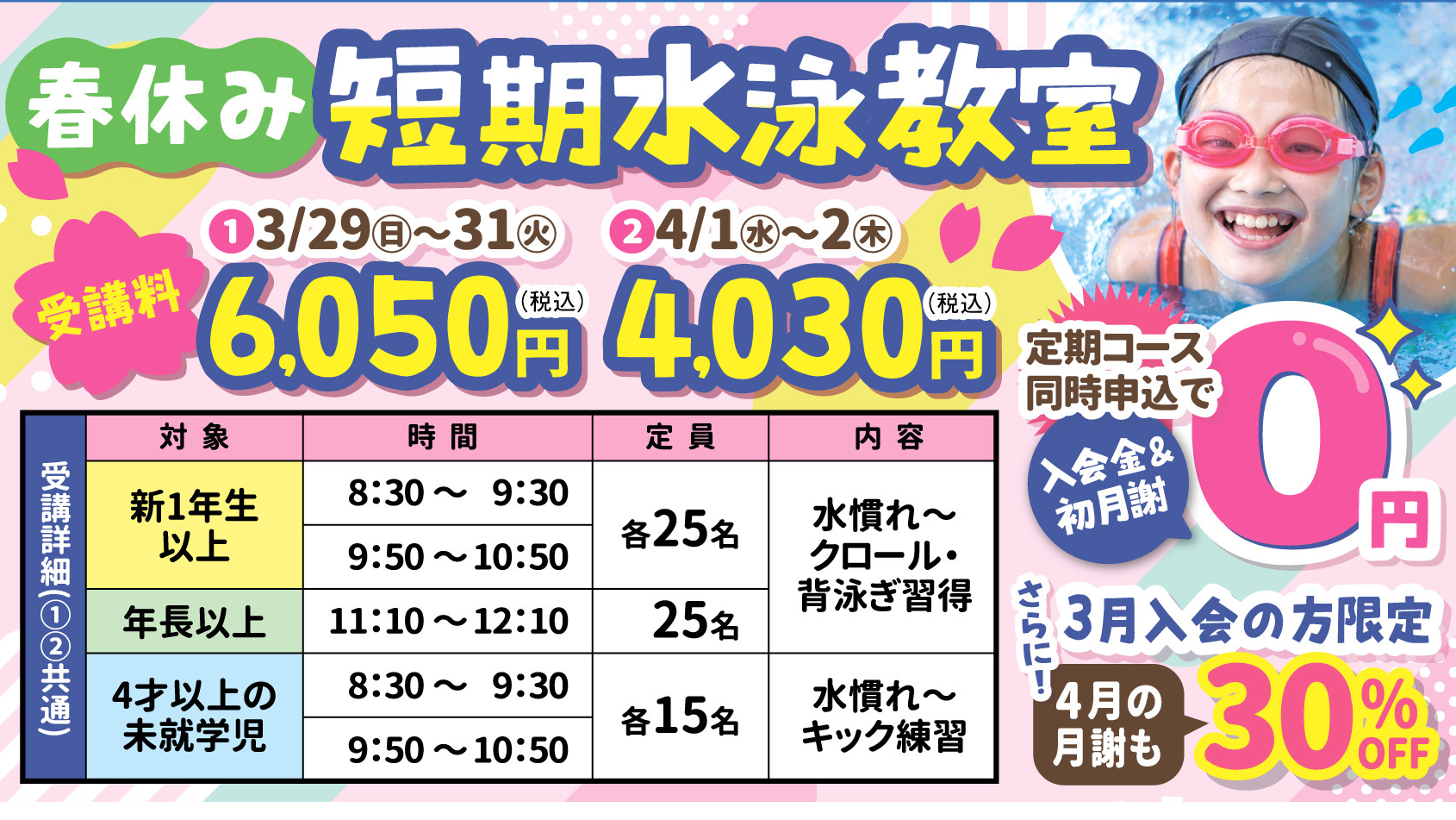 春休み短期水泳教室！